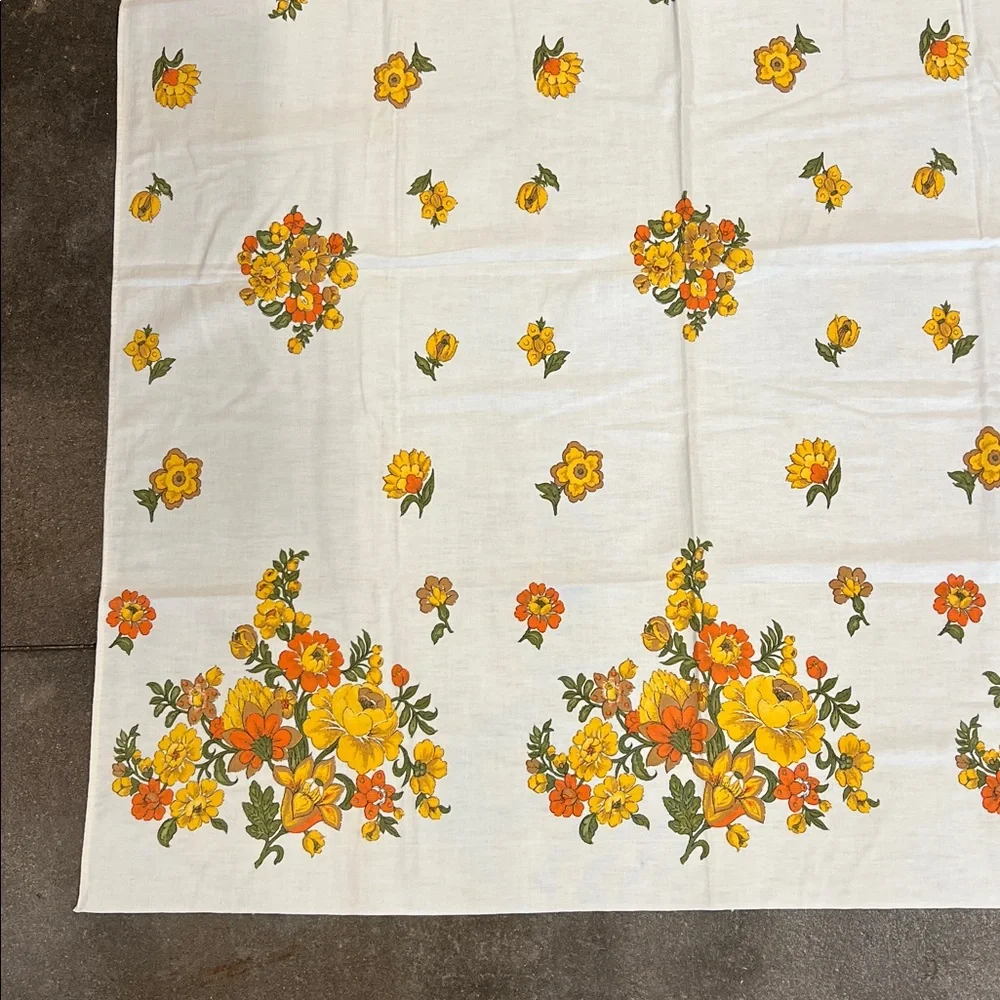 Vintage floral 52”X 48” squareish tablecloth yellow & oranges cotton Handmade